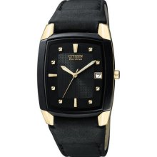 Mens Citizen Eco Drive Dress Collection Watch in Black Ion Stainless Steel with Leather Strap (BM6574-09E)