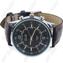 mens new Caiqi round black and chrome w/chrome & white hands black leather band - Black - 3 - White Gold