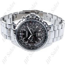 mens new Curren stainless steel quartz watch black face w/chrome finish & date