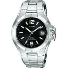 Mens Pulsar Stainless Steel Black Dial Date 10ATM Casual Watch PXH557