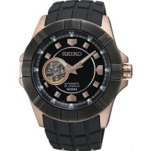 Men's Rose Gold Tone Stainless Steel Case Rubber Strap Automatic Black Dial