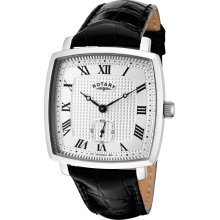 Men's Silver Dial Shiny Black Genuine Leather