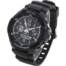 Mens Simax Black & Gray Digital/analog Watch Silicone Pu Band Alarm Wr 50m