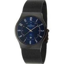 Men's Skagen Denmark Black Stainless Steel Case And Mesh Bracelet Blue Dial