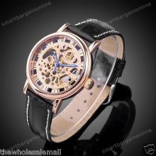 Mens Skeleton Transparent Mechanical Stainless Steel Boys Leather Sport Watch