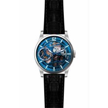 Men's Stainless Steel Case Blue Tone Skeleton Dial Leather Strap