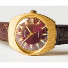 Men's watch Vostok gold plated wrist watch Soviet oxblood face wristwatch