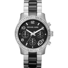 Michael Kors Chrono Watch Black Ceramic Silver Stainless Steel Crystals Mk5677