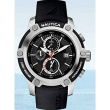 Nautica Men`s Chronograph Watch W/ Black Resin Band & Black Dial