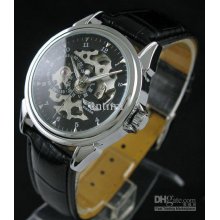 New Black Leather Gold Skull Dial Mens Mechanical Watch