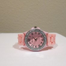 New Pink Silver Rhinestones Bling Large Crystal Trim Face Watch