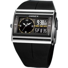 Ohsen Black Cool Analog Digital Mens Dual Time Rubber Quartz Watches