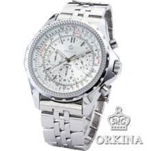 Orkina Genuine White Dial 6 Hands 24 Hour Stainless Steel Men Quartz Sport Watch