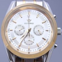 Ouyawei Three Decoration Dial Golden Plated Silver Stainless Steel Watch 211