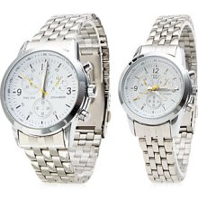 Pair of Alloy Analog Couple Quartz Watches with White Face 8084 (Silver)