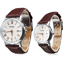 Pair of Calendar Style Analog PU Quartz Couple Watches (Brown)