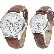 Pair of PU Analog Couple Quartz Watches with White Face (Brown)