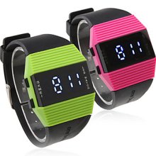 Pair of Silicone Band Style Sports Blue Light LED Wrist Watches - Peach Red & Green