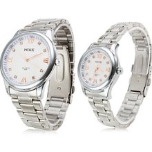 Pair of White Face Alloy Analog Quartz Couple Watches 8115 (Silver)