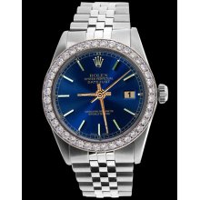 Perpetual date just rolex gents blue stick dial watch SS jubilee diamond bezel