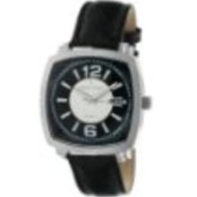 Peugeot Men's 2032S Silver-Tone Black Leather Strap