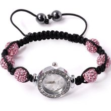 pink shambala beads adjustable watch with hematite beads and round rhinestone studded dial gift under 20 25