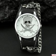 Pirate King Captain Skull Cross-fashion Men's Dress Wrist Watch White Dial Hours