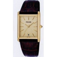 Pulsar Men`s Brown Leather Strap Dress Watch W/ Champagne Rectangle Dial