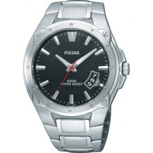 Pulsar Mens Sport Stainless Watch - Silver Bracelet - Black Dial - PXH823