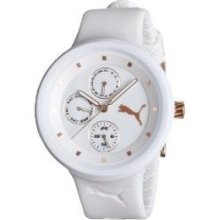 Puma Multifunction Sporty Women's Watch White Polyurethane Band Rose Gold Accent