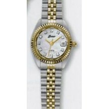 Quartzline Woman`s 2 Tone 11 Diamond Sport Watch W/ Mother Of Pearl Dial