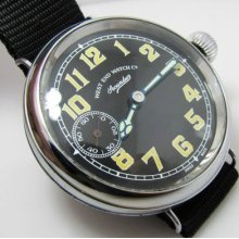 Rare West End Watch Co., Secundus Black Dial Wire Lug Sub Second.