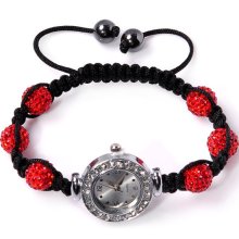 Red shambala beads adjustable watch with hematite beads and round rhinestone studded dial gift under 20 25