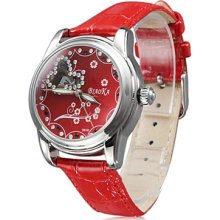 Red Women's Fashion Style PU Mechanical Analog Wrist Watch