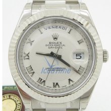 Rolex Day Date II Silver Dial Fluted Bezel President Bracelet 18k White