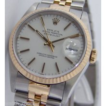 Rolex Mens Datejust Ss &18k 36mm White Stick Dial 16233 Watch Chest