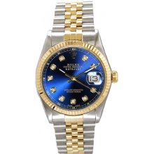 Rolex Men's Datejust Two Tone Fluted Custom Blue Diamond Dial