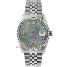 Rolex Mens Watch Ss Datejust 16014 Tahitian Mop Roman Dial & 1ct Diamond Bezel