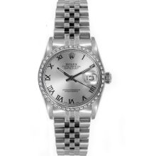 Rolex Women's Datejust Midsize Stainless Steel Custom Diamond Bezel Silver Roman Dial