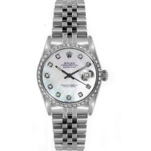 Rolex Women's Datejust Midsize Stainless Steel Custom Diamond Bezel Mother of Pearl Diamond Dial