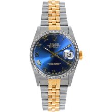 Rolex Women's Datejust Midsize Two Tone Custom Diamond Bezel Blue Roman Dial