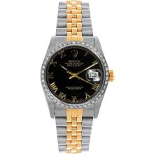 Rolex Women's Datejust Midsize Two Tone Custom Diamond Bezel Black Roman Dial