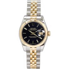 Rolex Women's Datejust Two Tone Fluted Black Index Dial