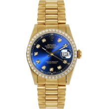 Rolex Women's President Midsize Custom Diamond Bezel Blue Diamond Dial