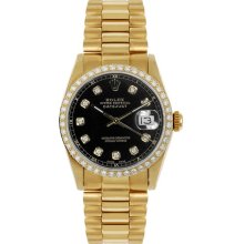 Rolex Women's President Midsize Custom Diamond Bezel Black Diamond Dial