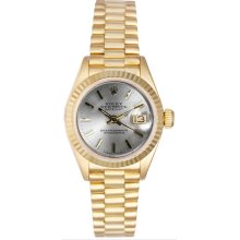 Rolex Women's President Yellow Gold Fluted Silver Index Dial