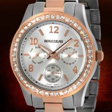 Rousseau Michelle Multifunction Ladies Watch -rose Gold-2tone-swarovski Crystals