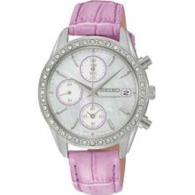 Seiko Ladies Chronograph Crystals Watch W/ Genuine Leather Strap