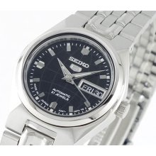 Seiko Ladies Seiko 5 Stainless Steel Case and Bracelet Black DIal Day and Date SYMK43