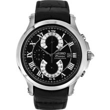 Seiko Men's Premier Stainless Steel Case Chronograph Black Dial Date Display Leather Strap SPC067P2